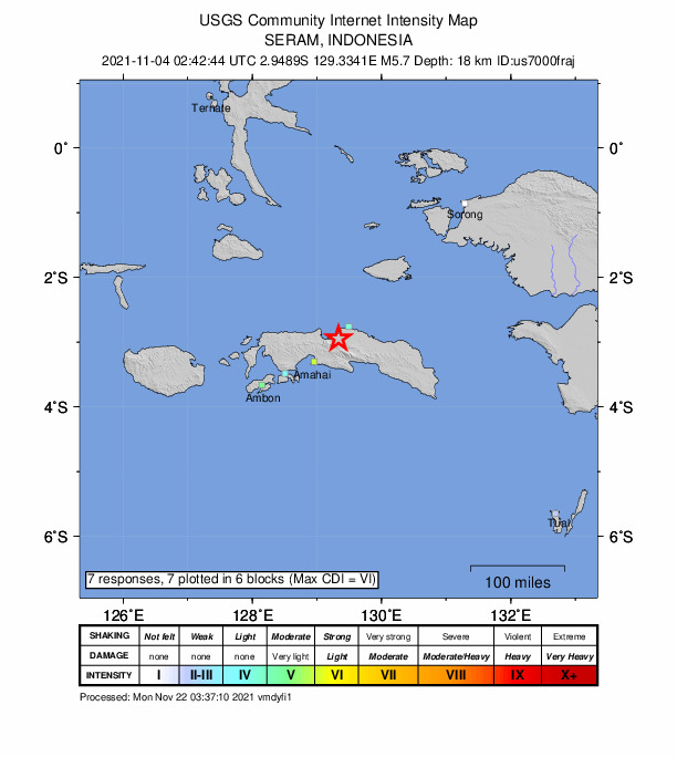 USGS DYFI community-reported intensity map for the M5.7 earthquake near 63 km NE of Amahai, Indonesia