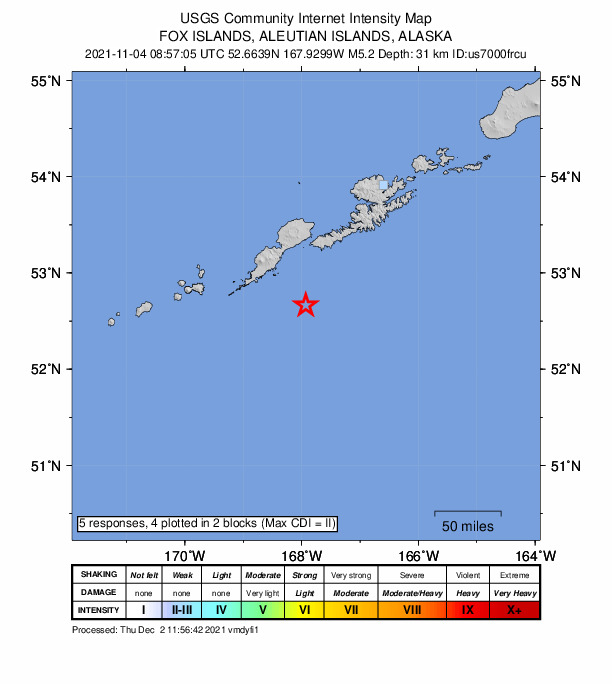 USGS DYFI community-reported intensity map for the M5.2 earthquake near 69 km ESE of Nikolski, Alaska