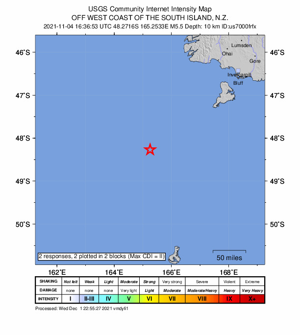 USGS DYFI community-reported intensity map for the M5.5 earthquake near 297 km SW of Bluff, New Zealand