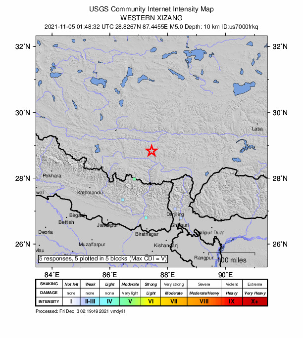 USGS DYFI community-reported intensity map for the M5.0 earthquake near 115 km NNE of Lobujya, Nepal