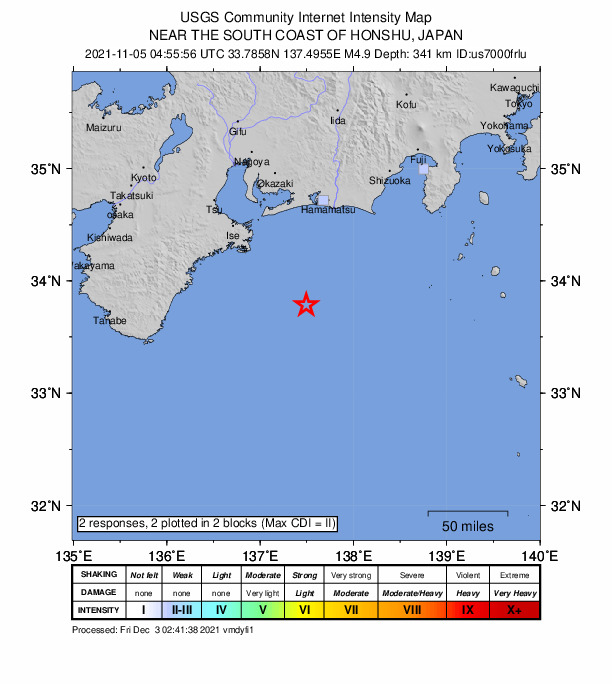 USGS DYFI community-reported intensity map for the M4.9 earthquake near 98 km SE of Toba, Japan