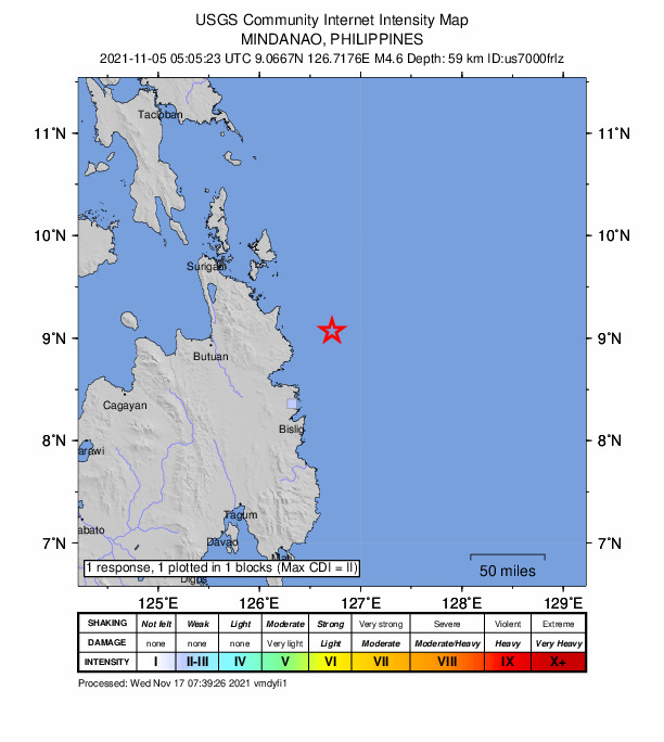 USGS DYFI community-reported intensity map for the M4.6 earthquake near 48 km ENE of Aras-asan, Philippines