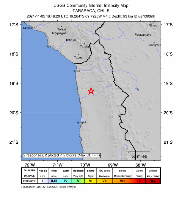 USGS DYFI community-reported intensity map for the M4.4 earthquake near 101 km SSE of Arica, Chile
