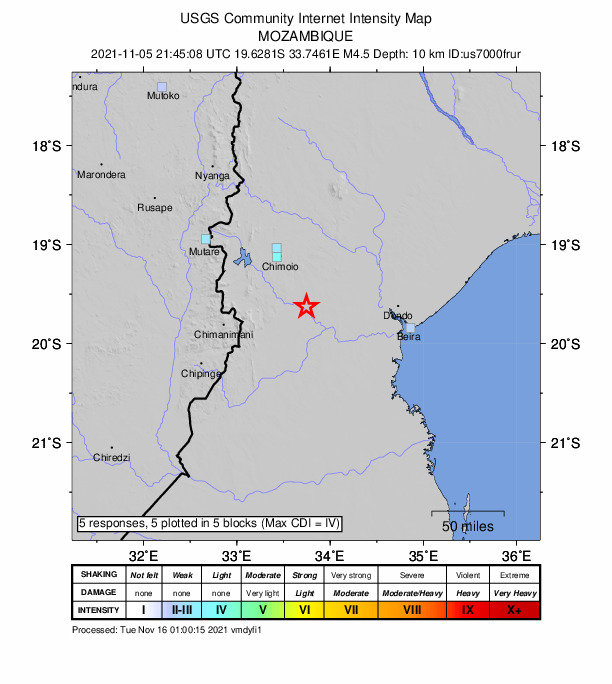 USGS DYFI community-reported intensity map for the M4.6 earthquake near 67 km SSE of Chimoio, Mozambique