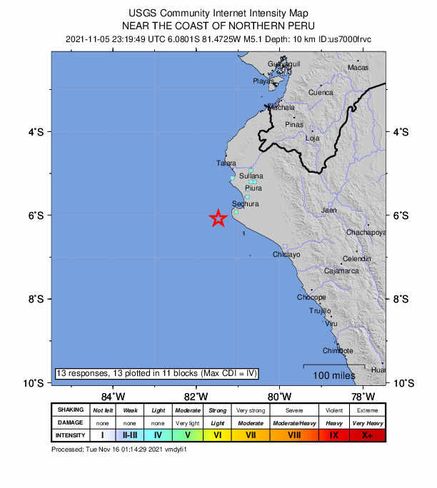 USGS DYFI community-reported intensity map for the M5.1 earthquake near 92 km SW of Sechura, Peru