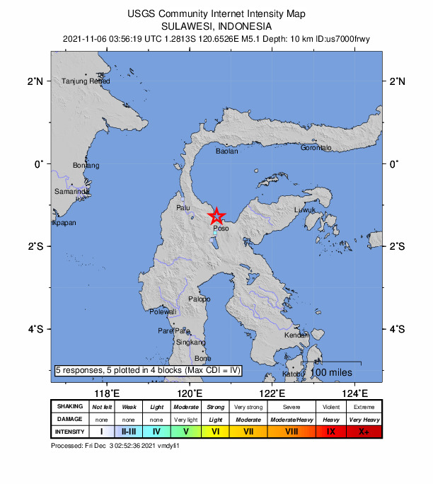 USGS DYFI community-reported intensity map for the M5.1 earthquake near 17 km WNW of Poso, Indonesia