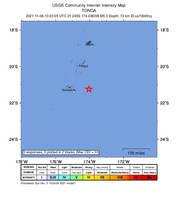 USGS DYFI community-reported intensity map for the M5.3 earthquake near 95 km E of ‘Ohonua, Tonga