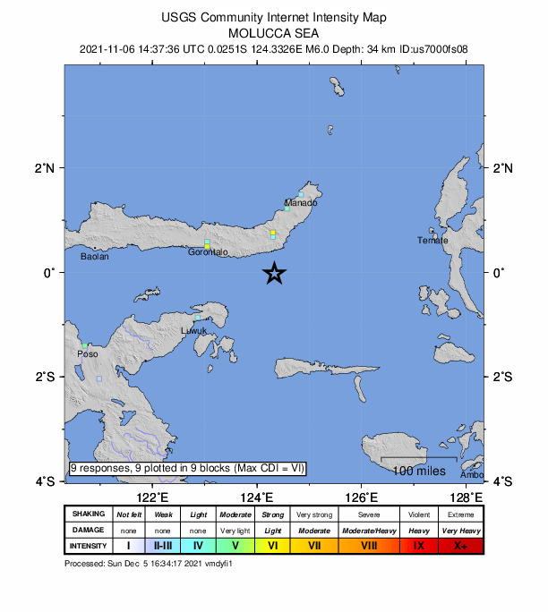 USGS DYFI community-reported intensity map for the M6.0 earthquake near 150 km ESE of Gorontalo, Indonesia