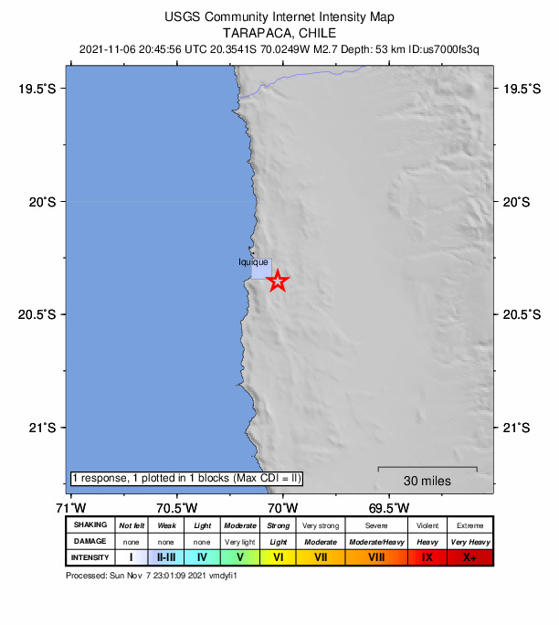 USGS DYFI community-reported intensity map for the M2.7 earthquake near 20 km SE of Iquique, Chile