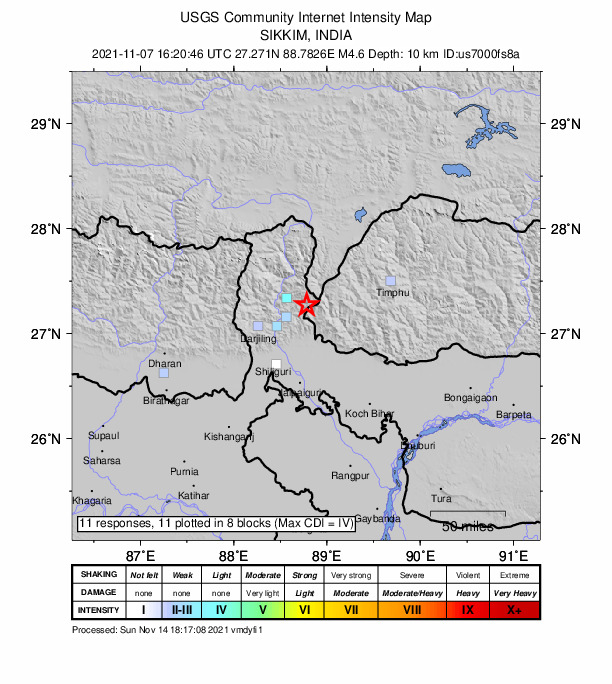 USGS DYFI community-reported intensity map for the M4.6 earthquake near 17 km ESE of Gangtok, India