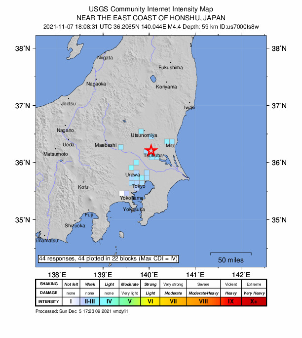 USGS DYFI community-reported intensity map for the M4.4 earthquake near 5 km W of Tsukuba, Japan