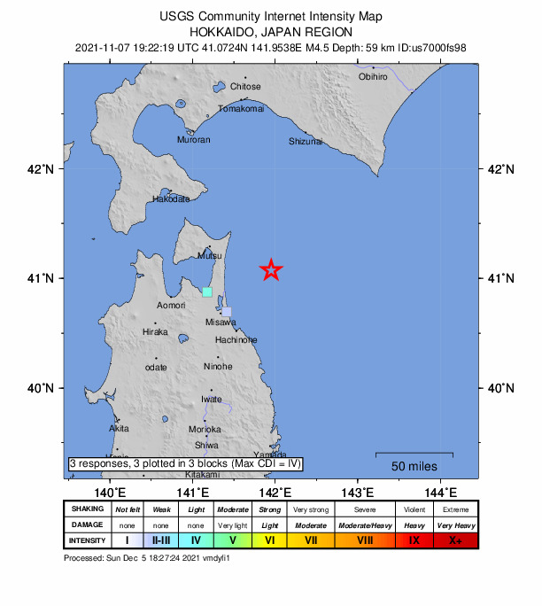 USGS DYFI community-reported intensity map for the M4.5 earthquake near 63 km NE of Misawa, Japan