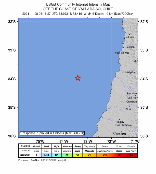 USGS DYFI community-reported intensity map for the M4.7 earthquake near 166 km WSW of San Antonio, Chile