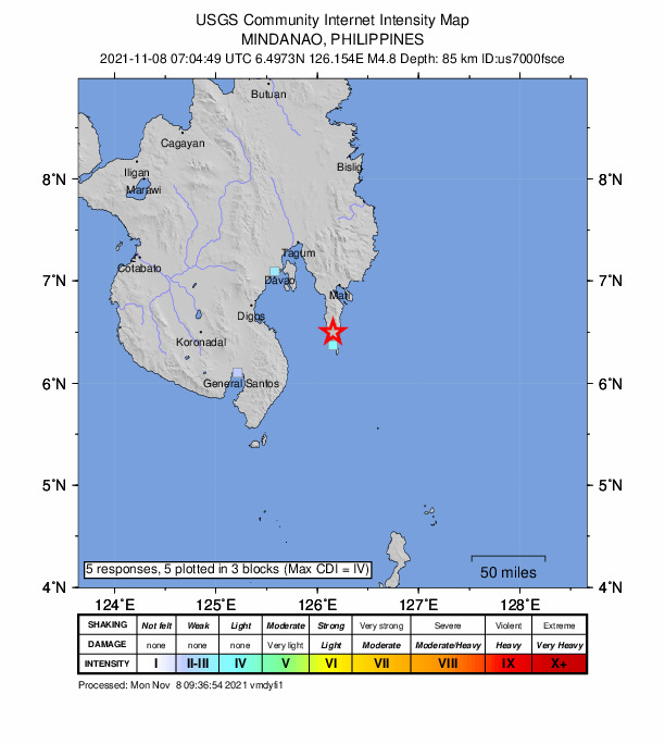 USGS DYFI community-reported intensity map for the M4.8 earthquake near 3 km SSE of Nangan, Philippines
