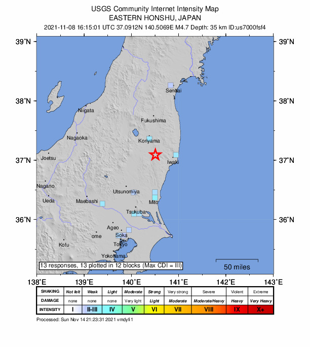 USGS DYFI community-reported intensity map for the M4.7 earthquake near 8 km SE of Ishikawa, Japan
