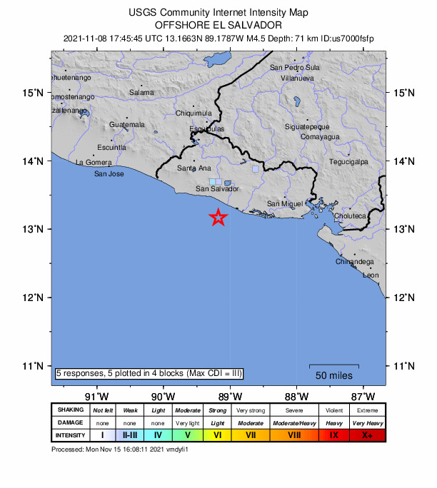 USGS DYFI community-reported intensity map for the M4.5 earthquake near 38 km SSE of La Libertad, El Salvador