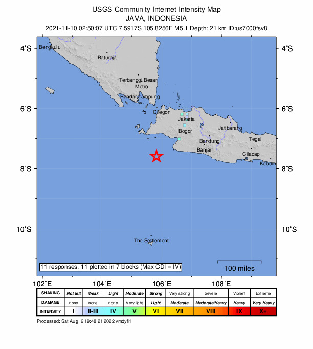 USGS DYFI community-reported intensity map for the M5.1 earthquake near 104 km SW of Pelabuhanratu, Indonesia