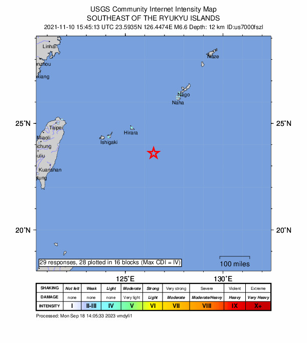 USGS DYFI community-reported intensity map for the M6.6 earthquake near 177 km SE of Hirara, Japan