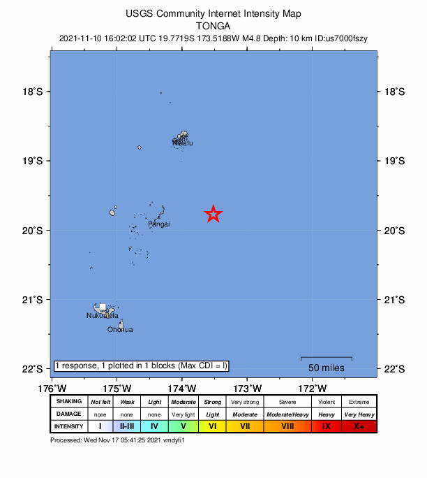 USGS DYFI community-reported intensity map for the M4.8 earthquake near 87 km E of Pangai, Tonga