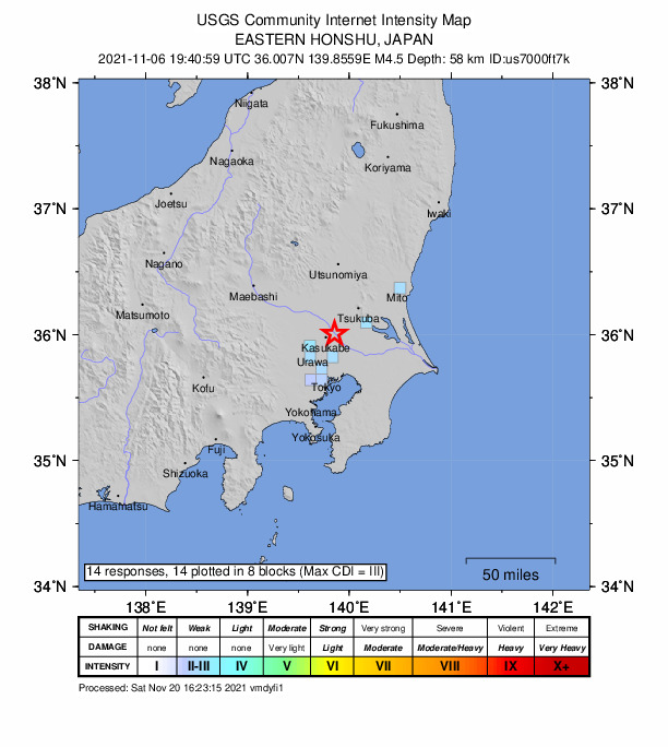 USGS DYFI community-reported intensity map for the M4.5 earthquake near 6 km SW of Iwai, Japan