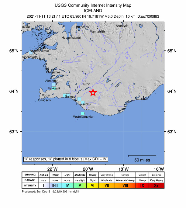 USGS DYFI community-reported intensity map for the M5.0 earthquake near 63 km E of Selfoss, Iceland