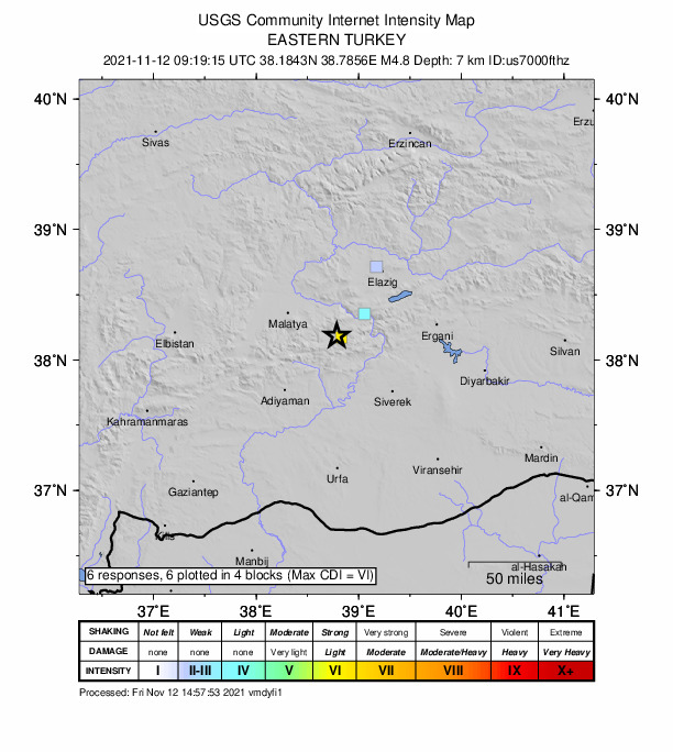 USGS DYFI community-reported intensity map for the M4.8 earthquake near 23 km NE of Sincik, Turkey