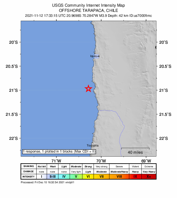 USGS DYFI community-reported intensity map for the M3.9 earthquake near 84 km S of Iquique, Chile