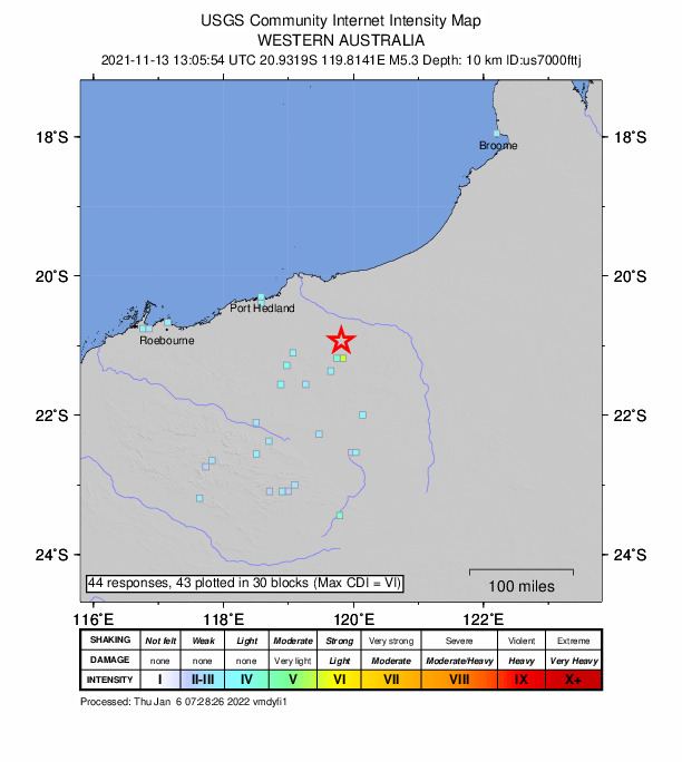 USGS DYFI community-reported intensity map for the M5.3 earthquake near 27 km NNE of Marble Bar, Australia
