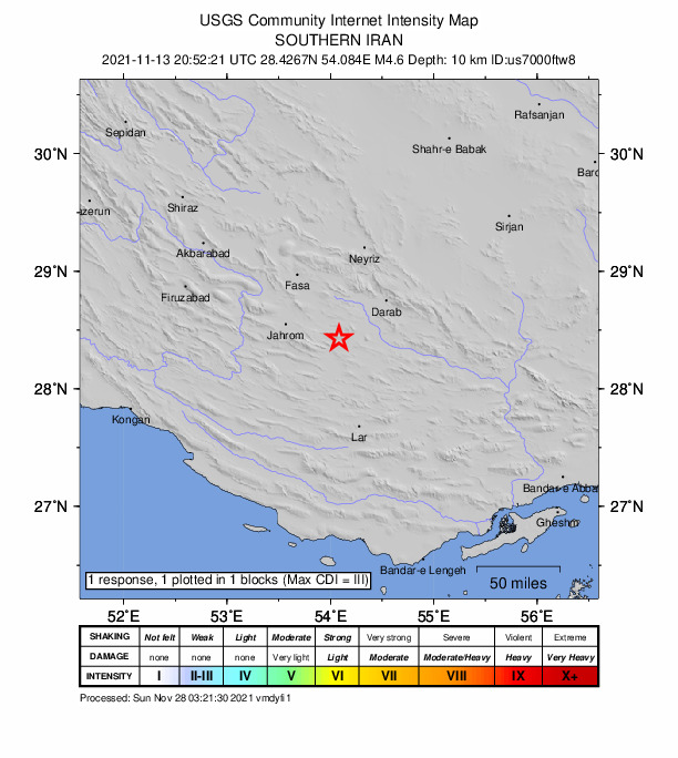 USGS DYFI community-reported intensity map for the M4.6 earthquake near southern Iran