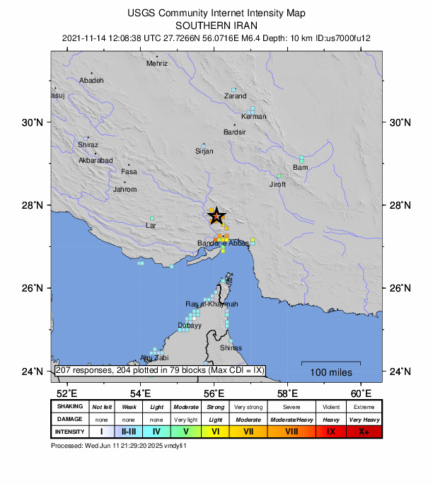 USGS DYFI community-reported intensity map for the M6.4 earthquake near 63 km NNW of Bandar Abbas, Iran