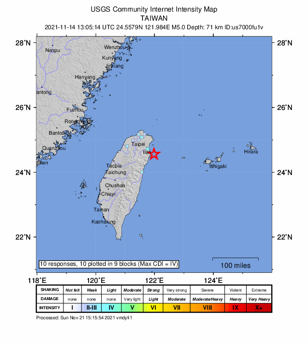 USGS DYFI community-reported intensity map for the M5.0 earthquake near 32 km SE of Yilan, Taiwan