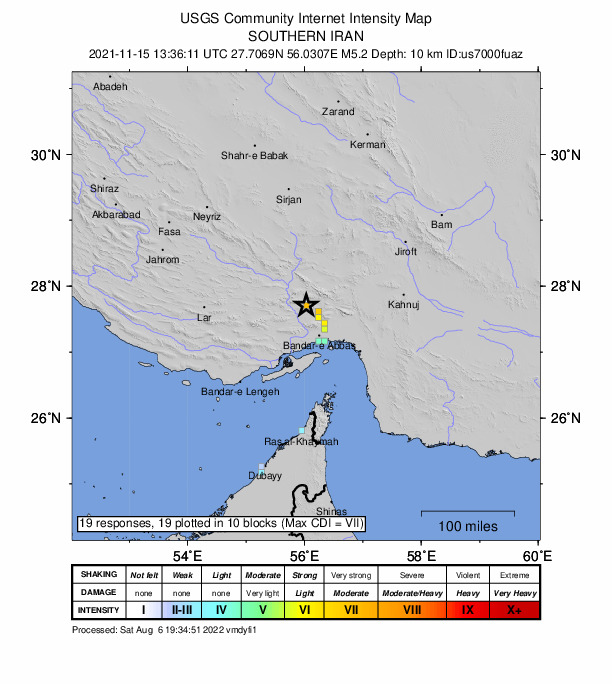 USGS DYFI community-reported intensity map for the M5.2 earthquake near 62 km NNW of Bandar Abbas, Iran