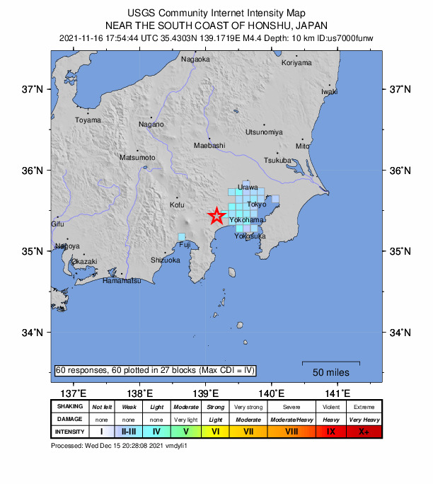 USGS DYFI community-reported intensity map for the M4.4 earthquake near 8 km NW of Hadano, Japan