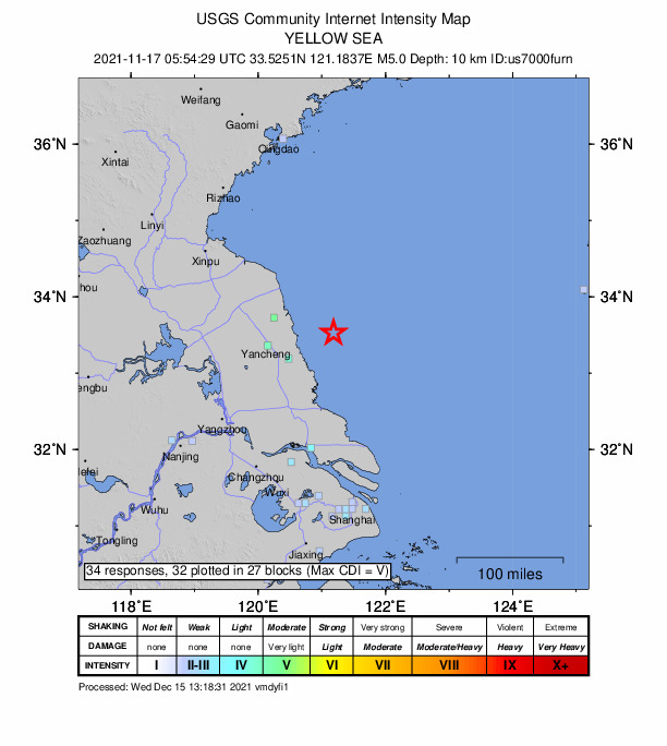 USGS DYFI community-reported intensity map for the M5.0 earthquake near 76 km ENE of Dazhong, China