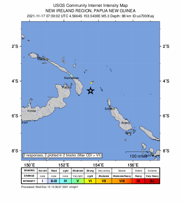 USGS DYFI community-reported intensity map for the M5.3 earthquake near 143 km E of Kokopo, Papua New Guinea