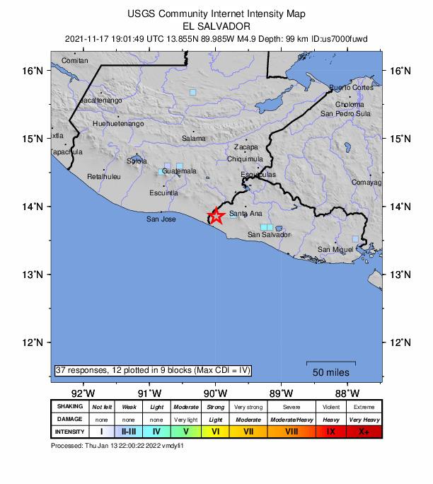 USGS DYFI community-reported intensity map for the M4.9 earthquake near 3 km NNE of San Francisco Menéndez, El Salvador
