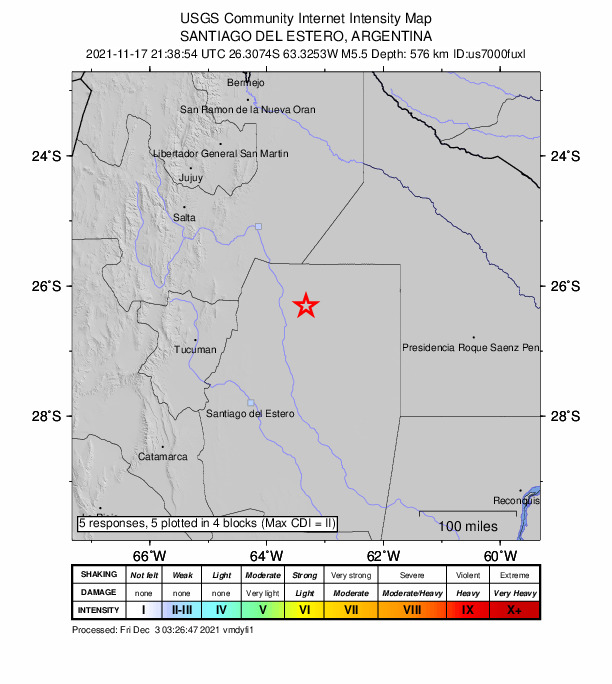 USGS DYFI community-reported intensity map for the M5.5 earthquake near 56 km WNW of Campo Gallo, Argentina