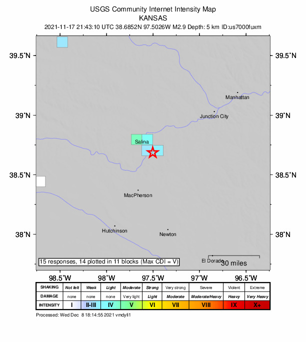 USGS DYFI community-reported intensity map for the M2.9 earthquake near 6 km WSW of Gypsum, Kansas