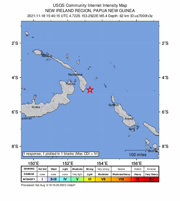 USGS DYFI community-reported intensity map for the M5.4 earthquake near 121 km ESE of Kokopo, Papua New Guinea