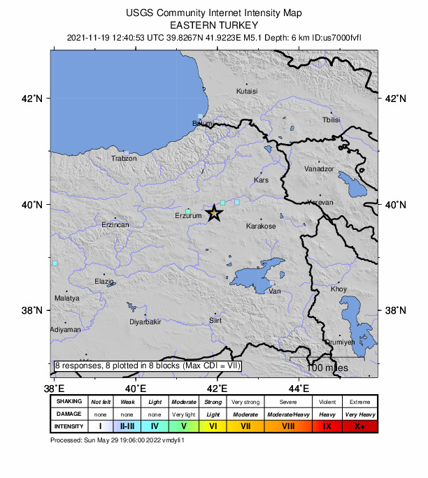 USGS DYFI community-reported intensity map for the M5.1 earthquake near 23 km NW of Karayaz?, Turkey