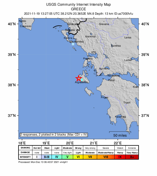 USGS DYFI community-reported intensity map for the M4.8 earthquake near 6 km W of Lixoúri, Greece