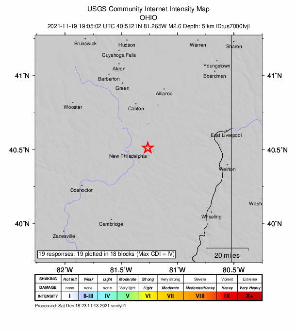 USGS DYFI community-reported intensity map for the M2.6 earthquake near 2 km NW of Sherrodsville, Ohio