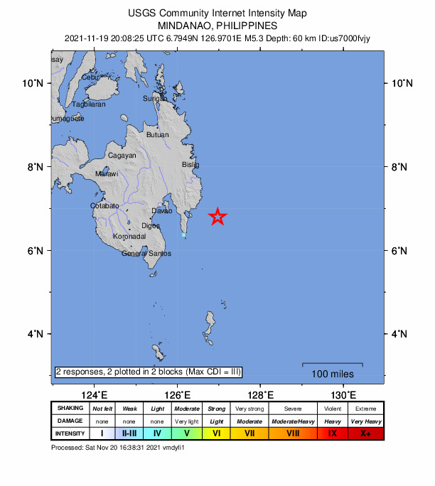 USGS DYFI community-reported intensity map for the M5.3 earthquake near 66 km ESE of San Ignacio, Philippines