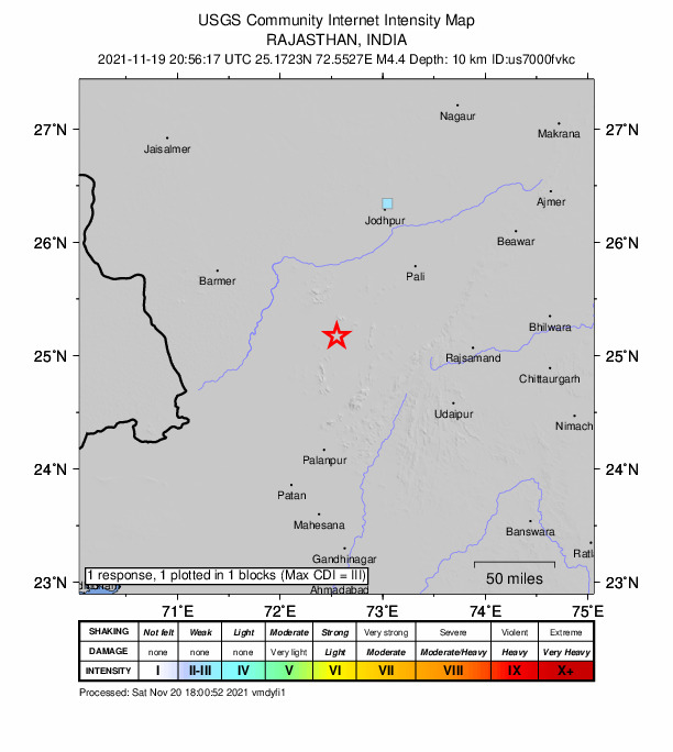 USGS DYFI community-reported intensity map for the M4.4 earthquake near 20 km SSW of Jalor, India