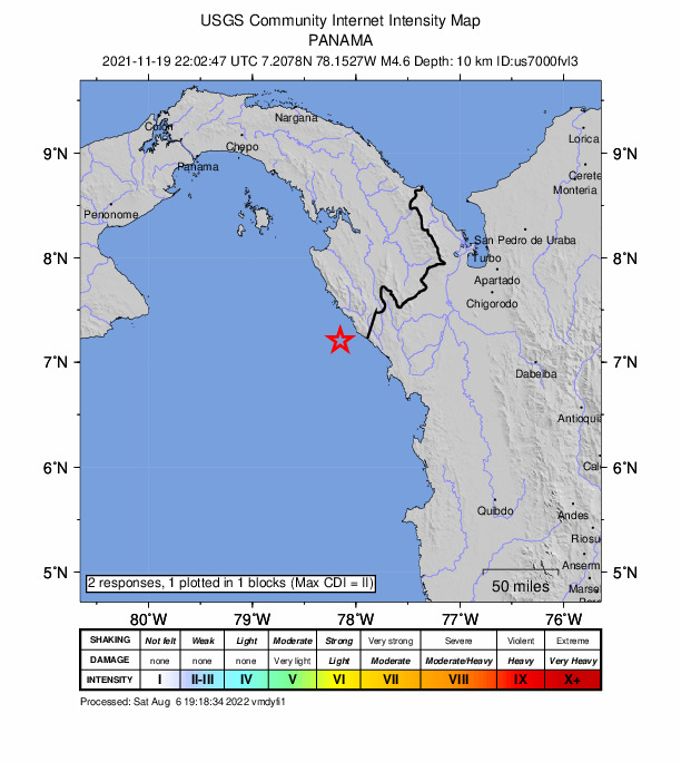 USGS DYFI community-reported intensity map for the M4.6 earthquake near 34 km S of Jaqué, Panama