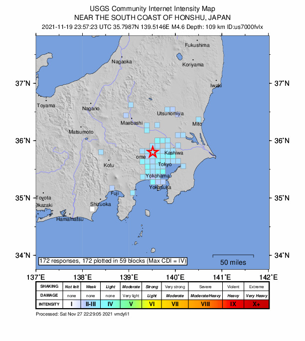 USGS DYFI community-reported intensity map for the M4.6 earthquake near 4 km E of Tokorozawa, Japan