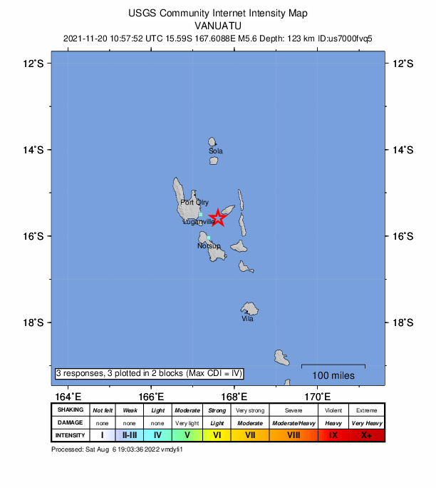 USGS DYFI community-reported intensity map for the M5.6 earthquake near 48 km E of Luganville, Vanuatu