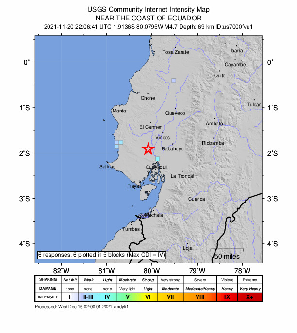 USGS DYFI community-reported intensity map for the M4.7 earthquake near 3 km S of Lomas de Sargentillo, Ecuador