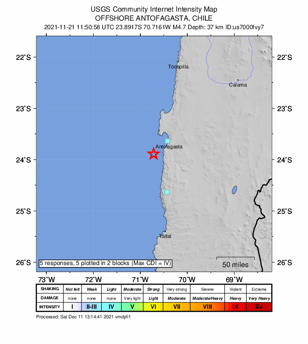 USGS DYFI community-reported intensity map for the M4.7 earthquake near 45 km SW of Antofagasta, Chile