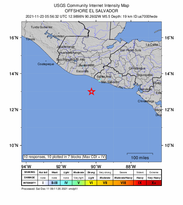 USGS DYFI community-reported intensity map for the M5.5 earthquake near 81 km SW of Acajutla, El Salvador